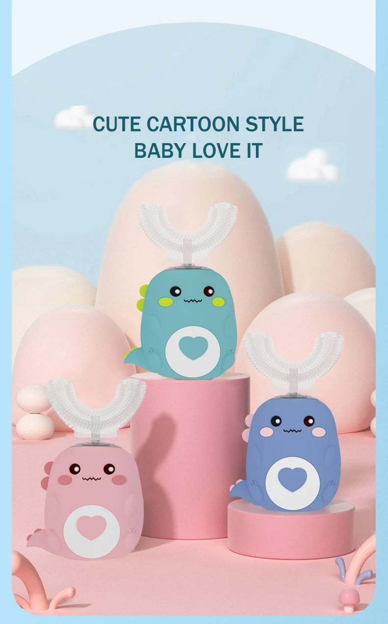 Children’s U‑Shaped Sonic Toothbrush – 360° Automatic Rechargeable Cartoon Design with Soft Silicone Bristles